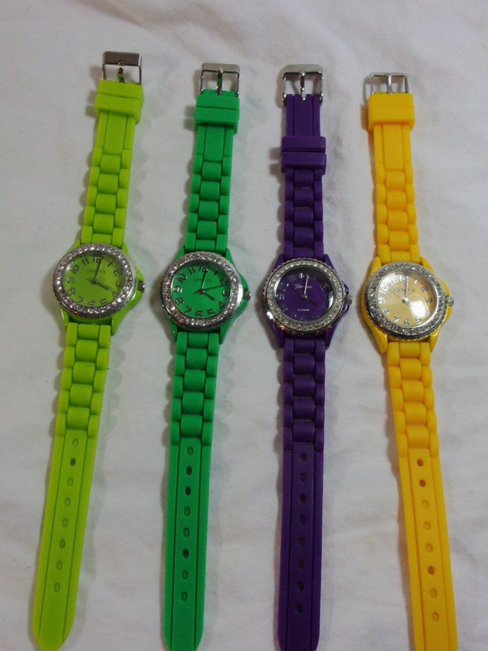 LOT OF FOUR GENEVA WOMEN'S WATCHES-BRIGHT COLORS-SILICONE BAND-ALL RUN